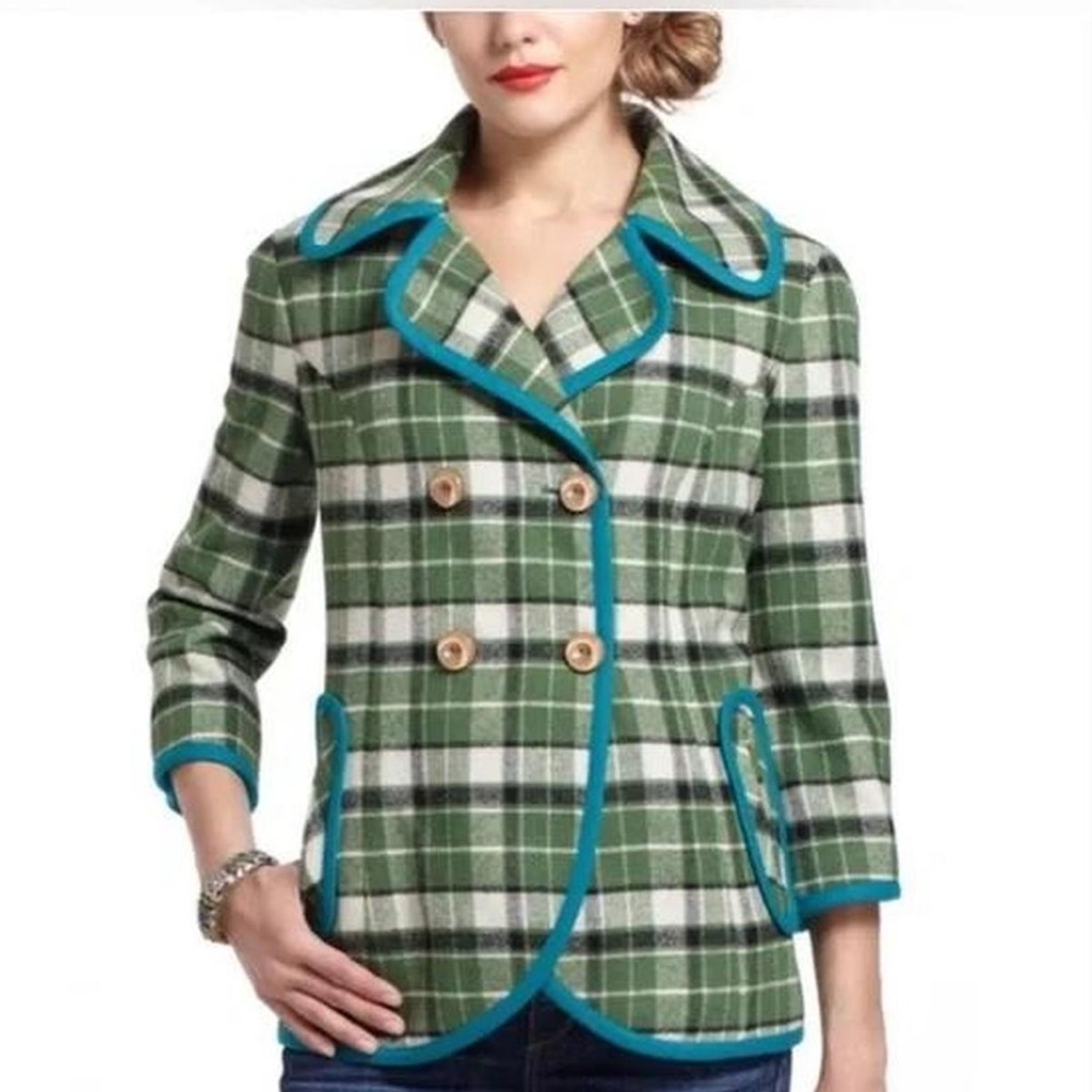 Anthropologie Tabitha Wool Blend Piper Green Plaid Turquoise Blazer Small Pet